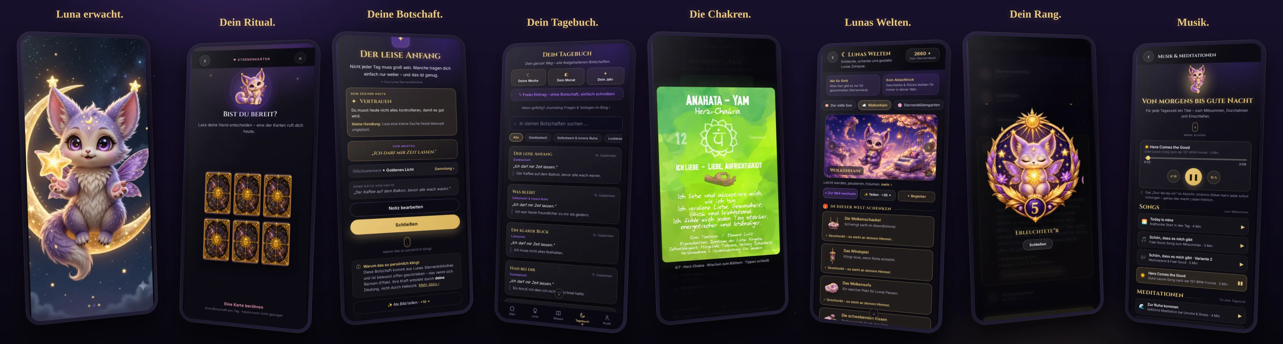 Acht Ansichten der App: Luna erwacht, das Kartenritual, deine Botschaft, dein Tagebuch, die Chakren-Reise, Lunas Welten, dein Rang, Musik und Meditationen