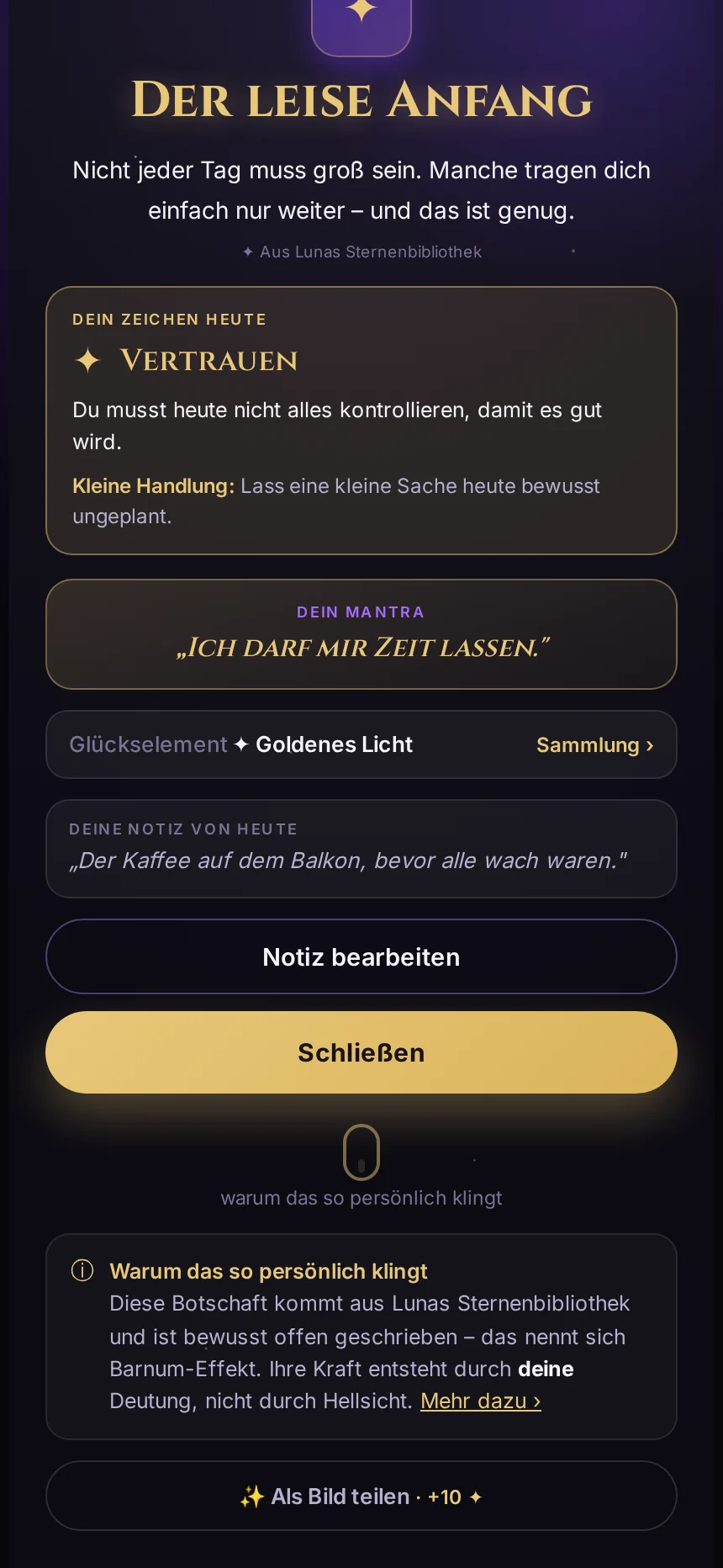 Eine Tagesbotschaft in Sternenluna mit Mantra, Zeichen des Tages und Reflexionsfrage