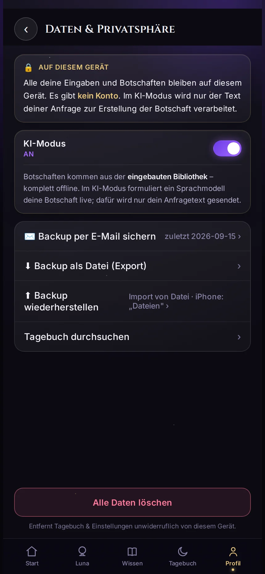 Daten & Privatsphäre in Sternenluna: Hinweis „Auf diesem Gerät“, KI-Modus abschaltbar, Backup-Funktionen und „Alle Daten löschen“