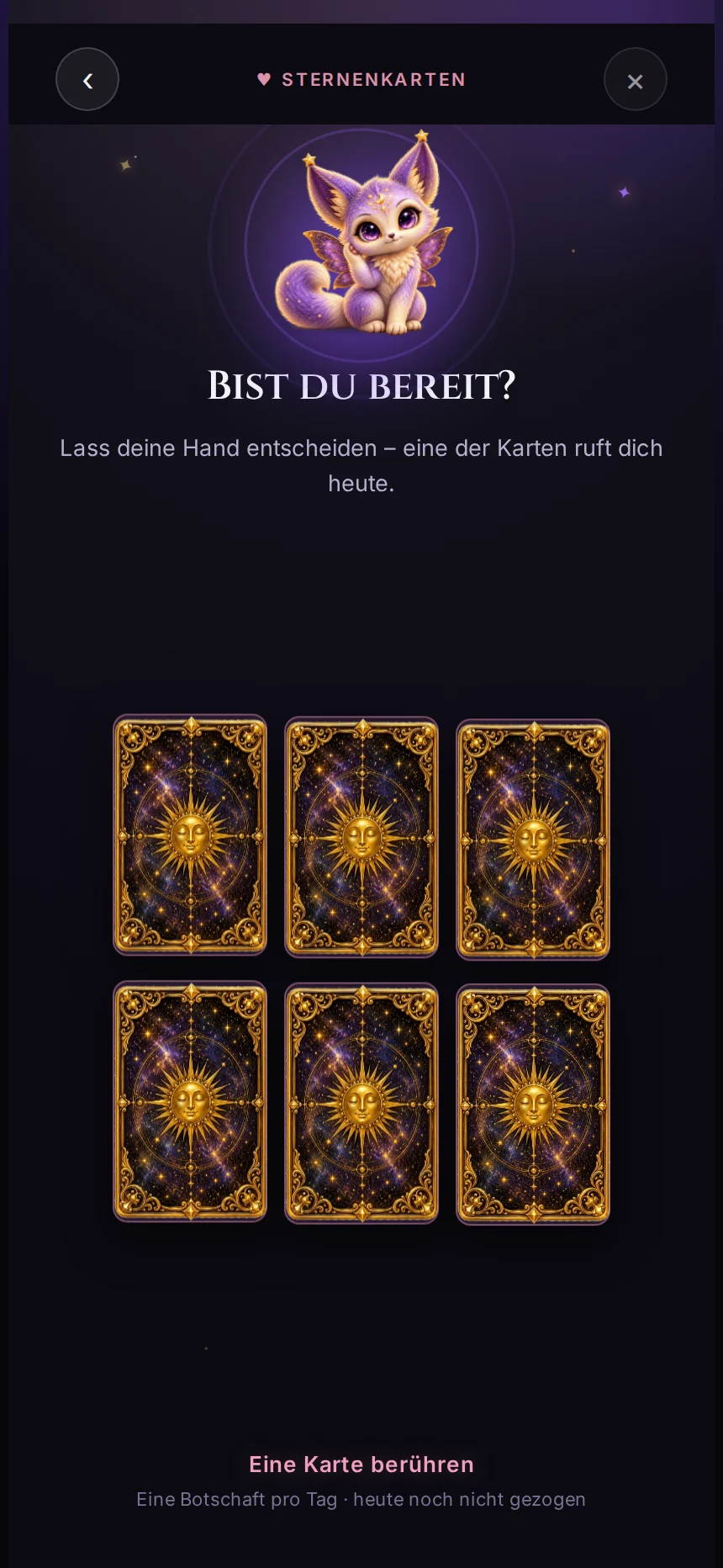 Das Kartenritual: sechs Sternenkarten liegen verdeckt aus