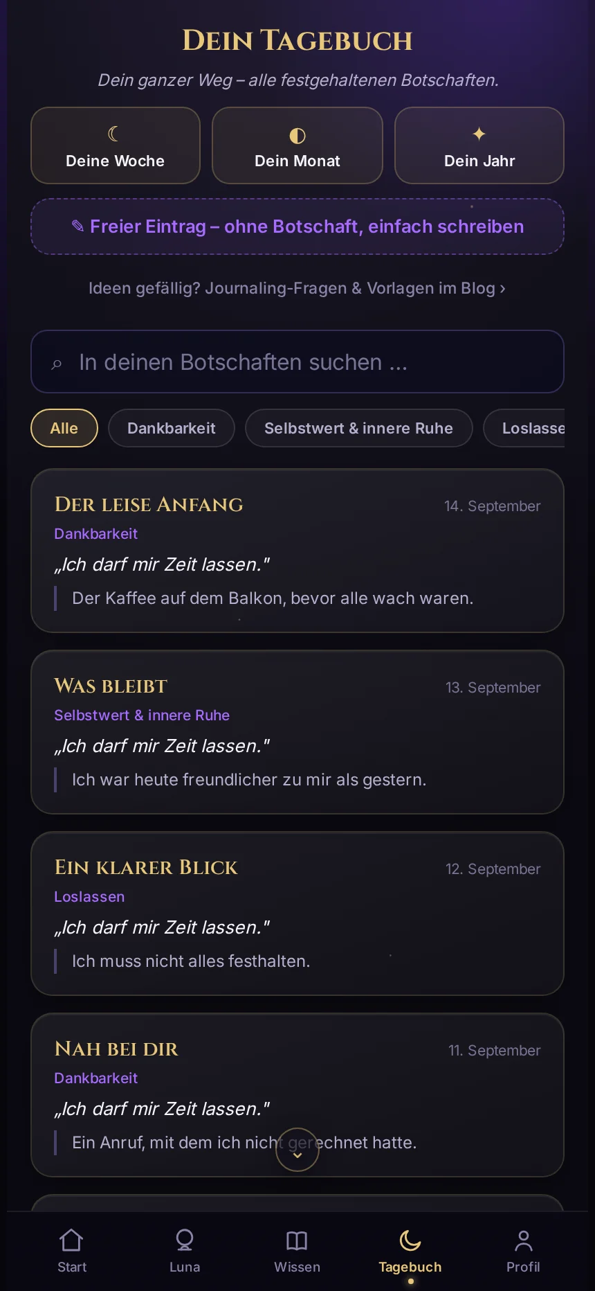 Tagebucheintrag in Sternenluna: Botschaft, Mantra, Lunas Frage „Wo warst du heute zu streng mit dir?“ und darunter das Notizfeld