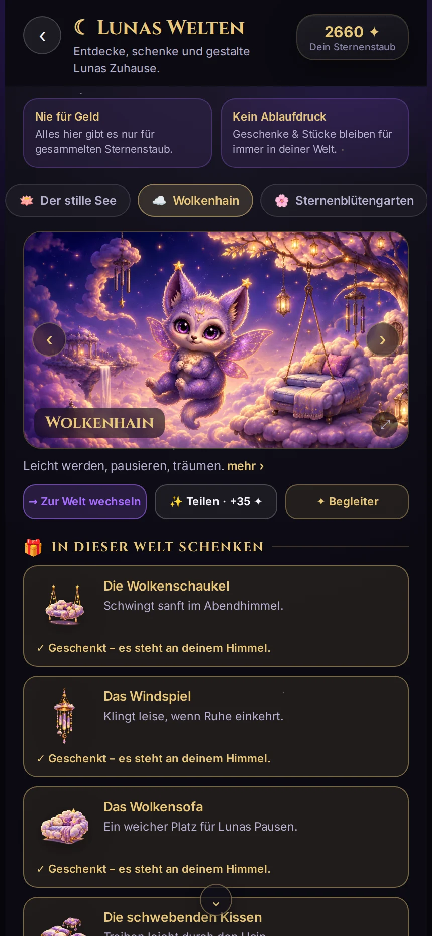 Lunas Welten: der Wolkenhain mit Schaukel, Windspiel und schwebenden Kissen